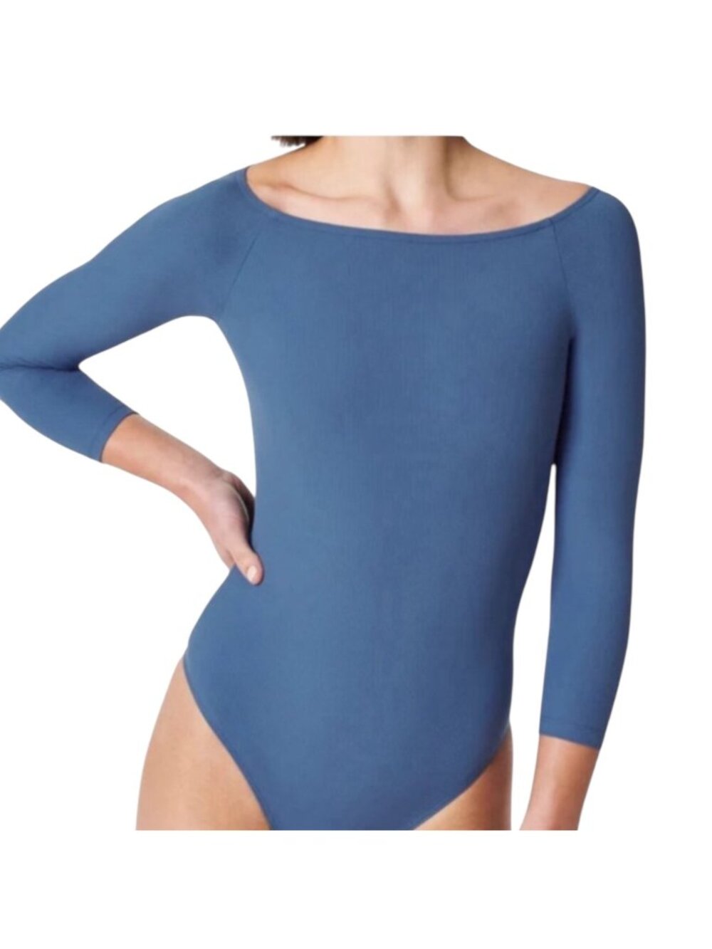 Spanx Women's Indigo Blue Rib Boatneck Thong Bodysuit, Long Sleeves Size 1X